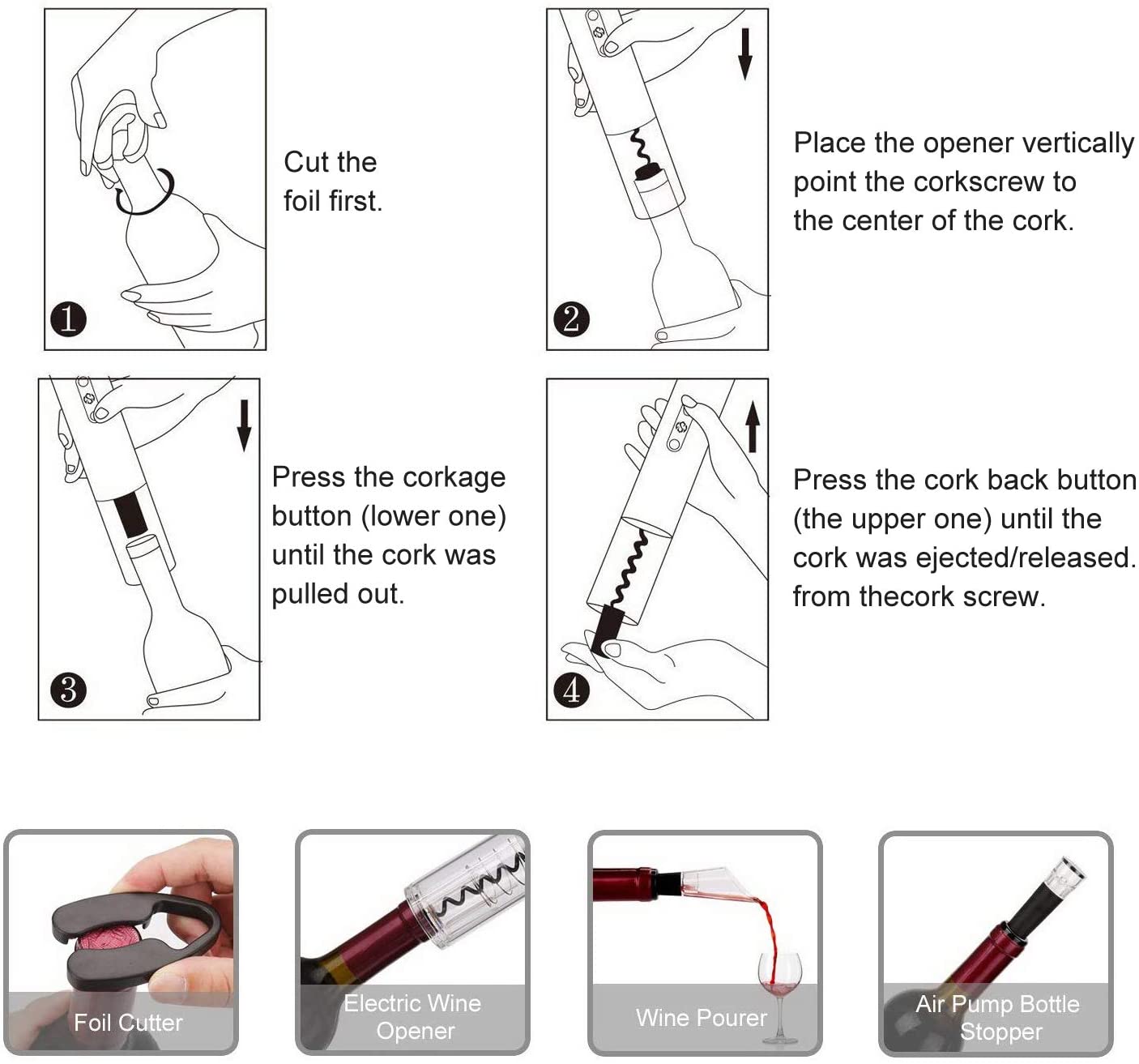 Cavatappi elettrico senza fili con apribottiglie automatico e tappo per sottovuoto - immagine 2
