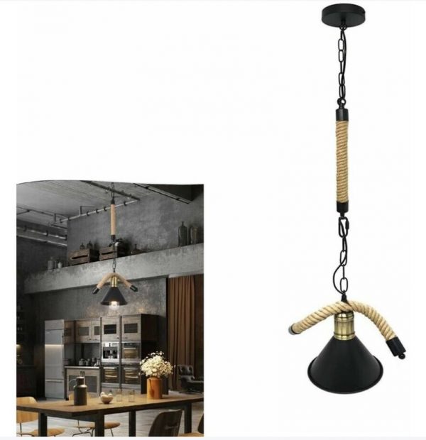 Lampadario Corda In Canapa Paralume Portalampada E27 Campana Stile Retrò - immagine 2