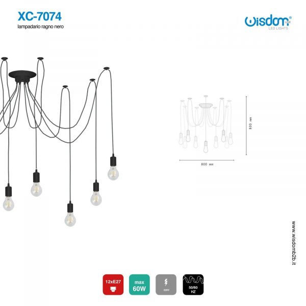 Lampadario Nero a sospensione Ragno nero 12 Luci Braccia Ragno E27 WISDOM Nero - immagine 4