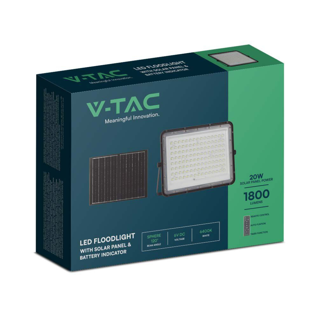 V-TAC Faro LED con Telecomando e Pannello Solare 20W (180W) - immagine 2