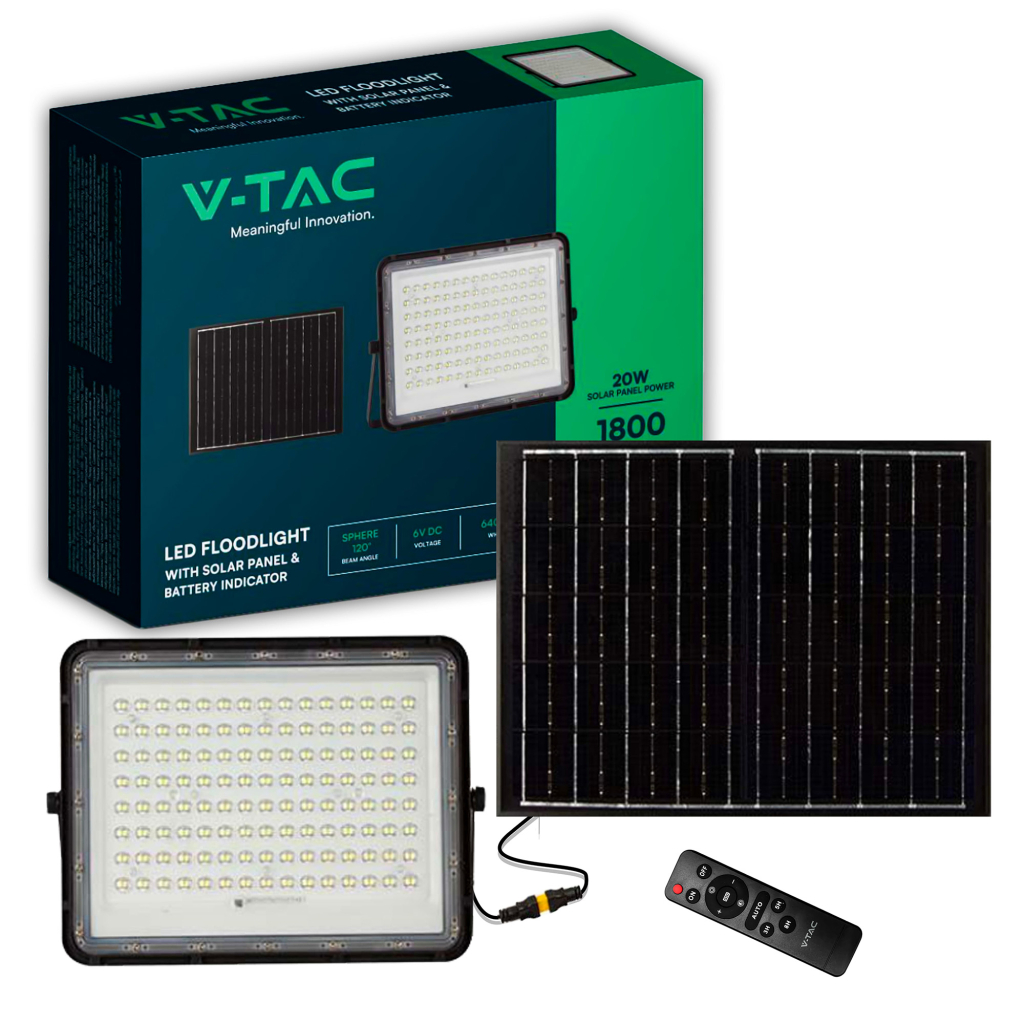 V-TAC Faro LED con Telecomando e Pannello Solare 20W (180W)