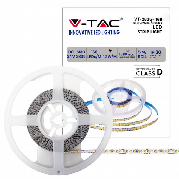 V-TAC Strip LED SMD2835 12W/m 5m 168 LED/m 140LM/W 24V IP20 10mm