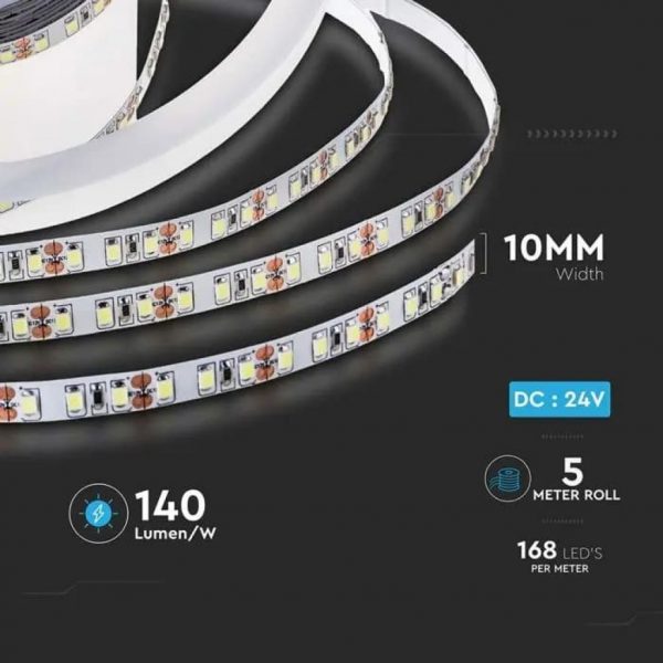 V-TAC Strip LED SMD2835 12W/m 5m 168 LED/m 140LM/W 24V IP20 10mm - immagine 9