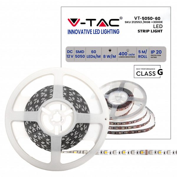 V-TAC Strip LED SMD5050 8W/m 5m 60 LED/m 12V RGB + w(w/n/c) IP20 10mm