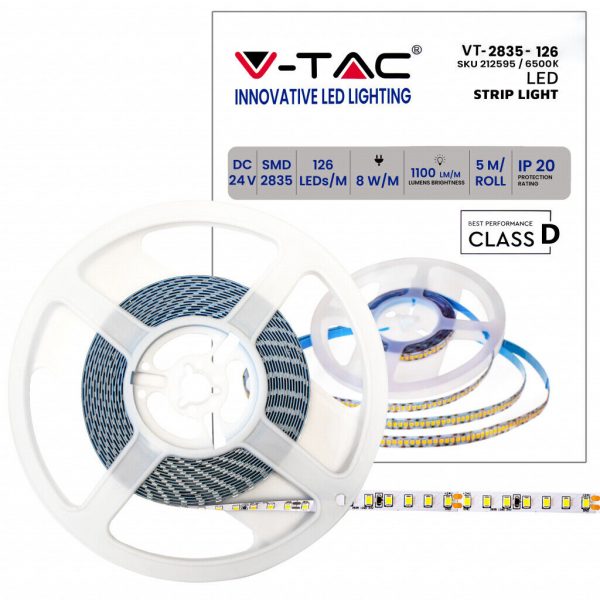 V-TAC Strip LED SMD2835 8W/m 5m 120 LED/m 137LM/W 24V IP20 10m