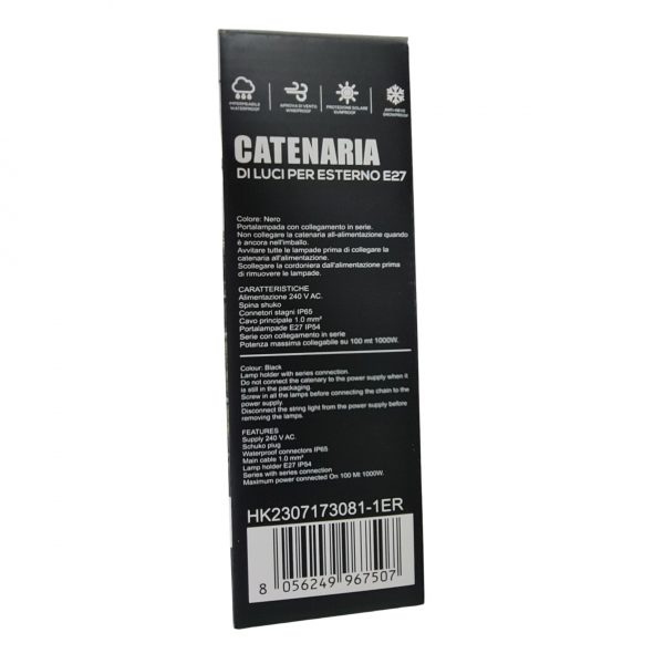 CATENARIA LUMINOSA 10 METRI PER 10 LAMPADINE LED E27 DA ESTERNO IP65 - immagine 3