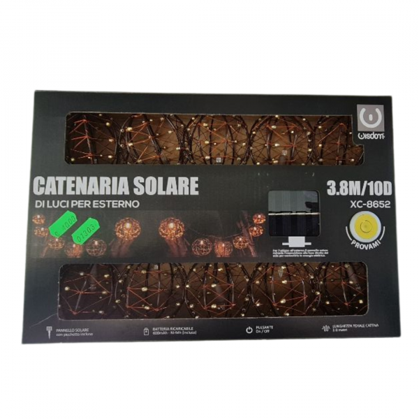 Catena luminosa a Led decorativa con pannello solare 3,8 metri 10 sfere Bianco Caldo 2200K - immagine 3